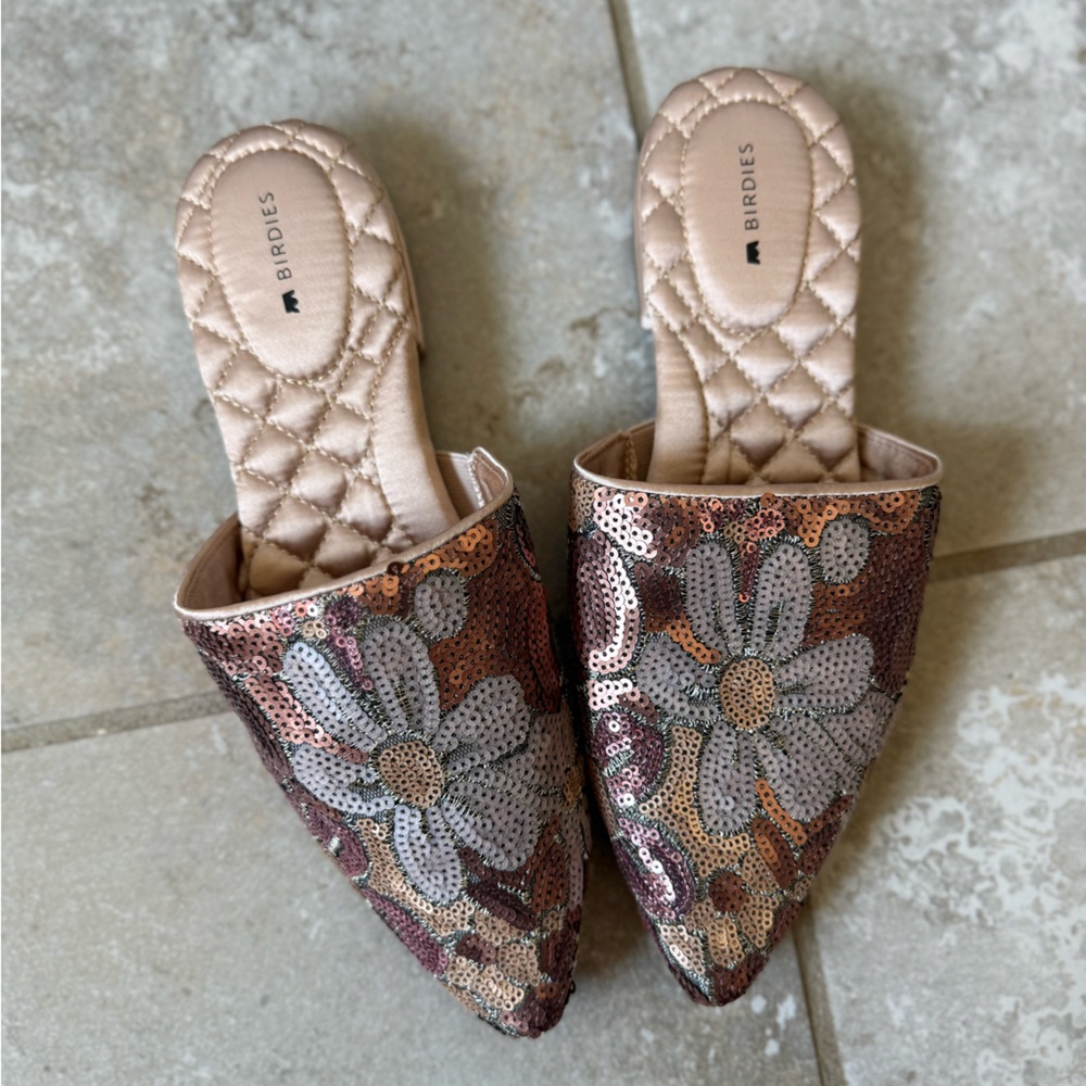 Birdies Women's Pink Petal Sequin Floral Mules